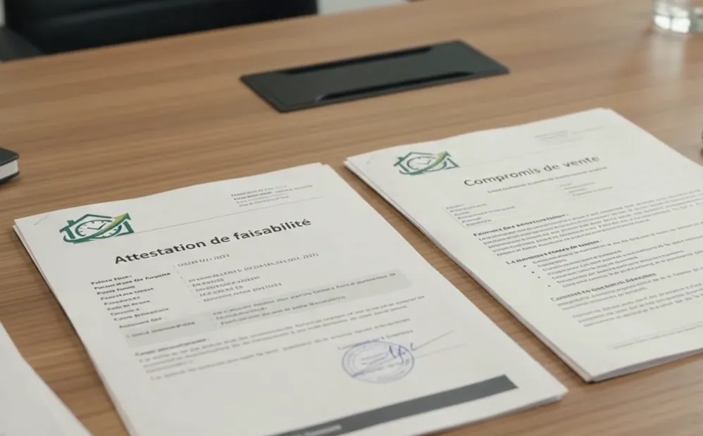 Documents de financement posés sur un bureau en bois, stylo à côté