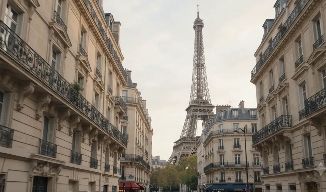 Rue parisienne bordée d'immeubles haussmanniens, la tour Eiffel en arrière-plan