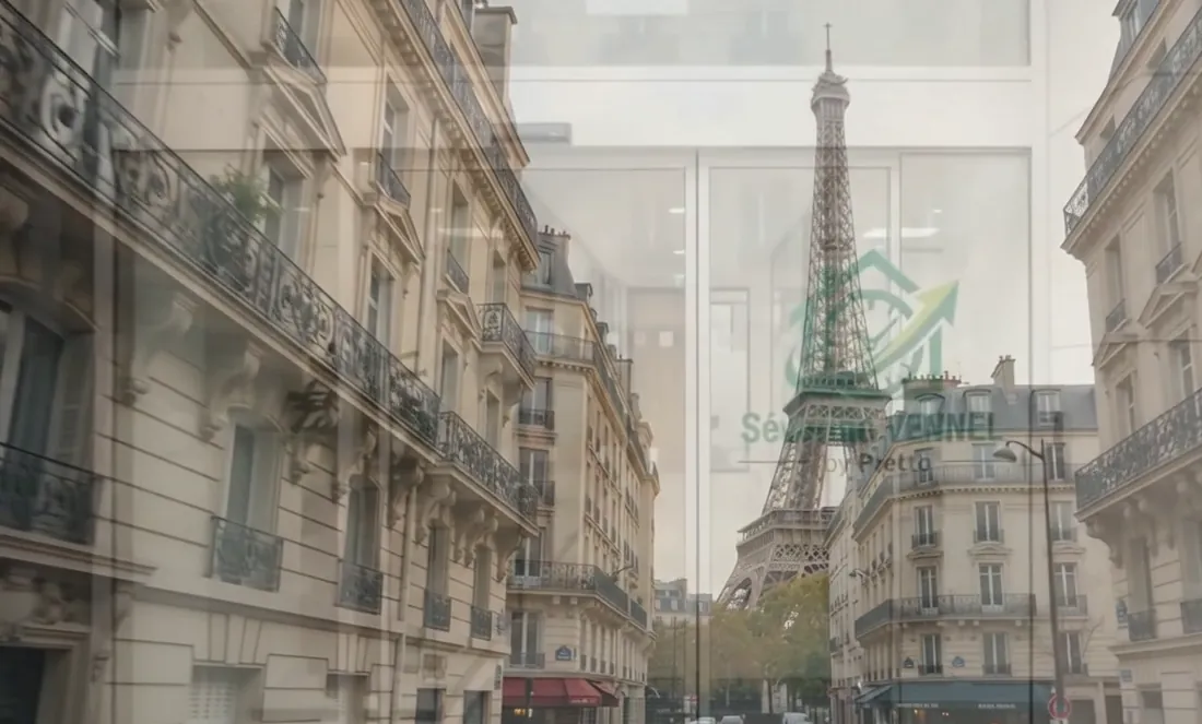 Façade parisienne vue depuis une porte vitrée, reflets de la ville